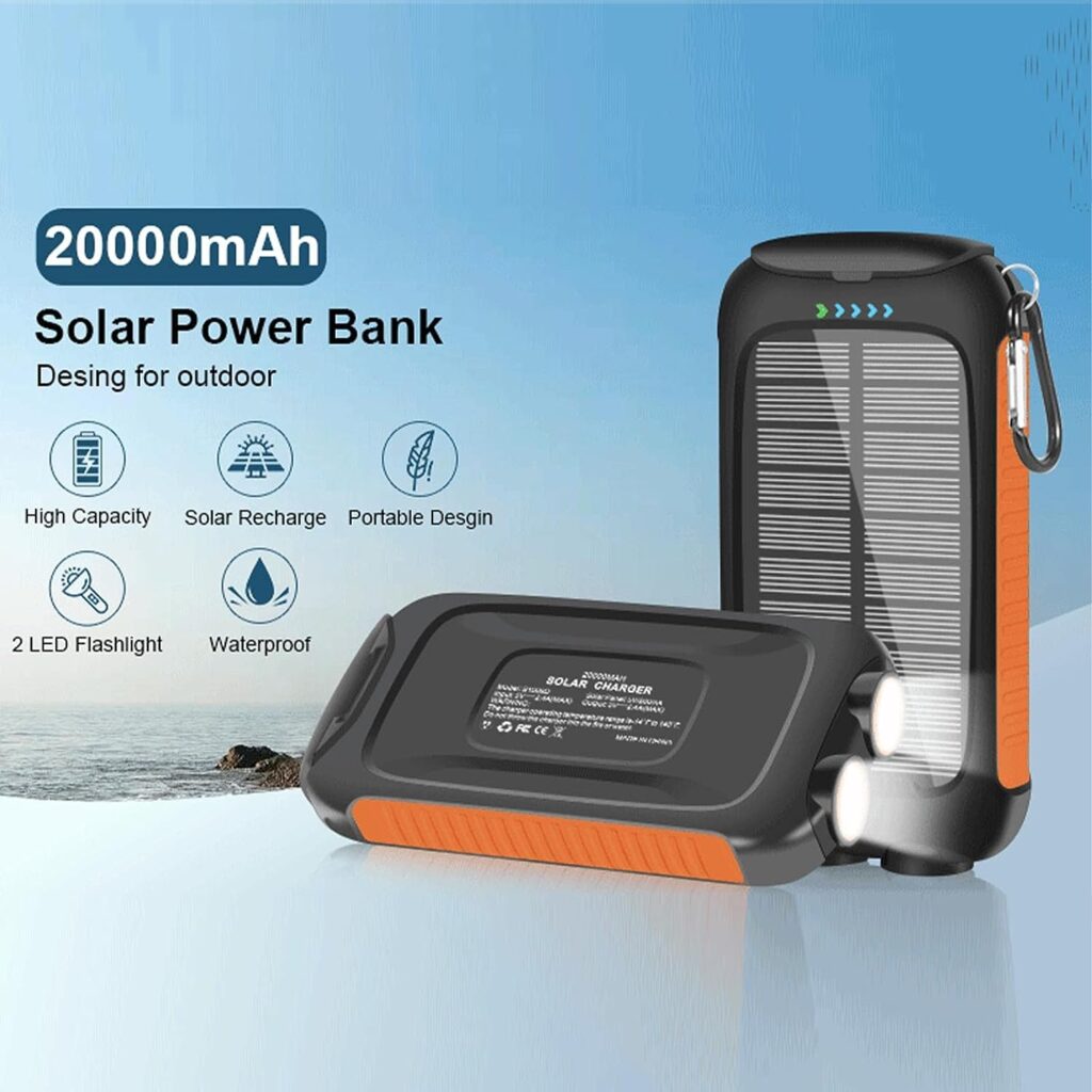 20000 mAh Solar Charger Power Bank | Portable Solar Phone Charger | Waterproof 3A Fast Charge Solar Battery Bank with LED Indicators for Smartphones and Tablets