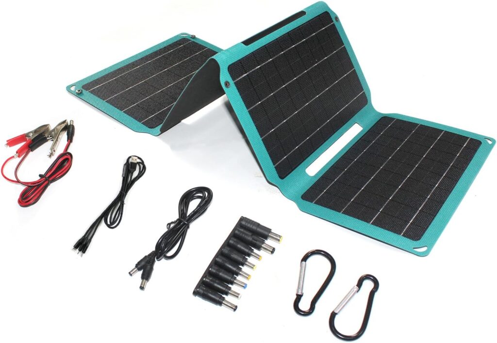 28W Solar Panel, Foldable Solar Panel Charger, Monocrystalline ETFE Solar Panel, Portable Solar Charger with -Type-C, DC, USB, 3 Outputs for Camping or Hiking, Camera, 12V Battery, Phone, Laptop