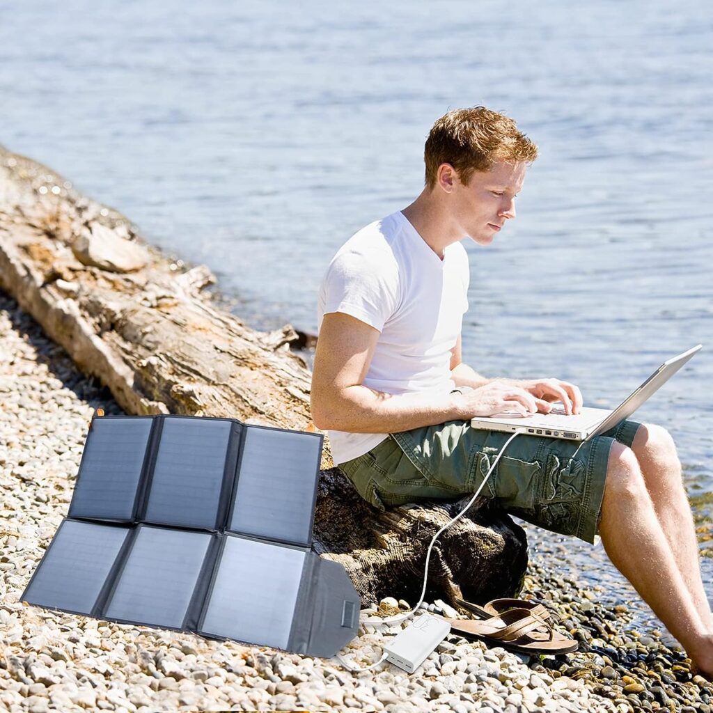 60W 19.8V Foldable Solar Panel Kit,Monocrystalline Solar Cell Solar Charger with USB Outputs and 4-in-1 Connector for Smartphones, Tablets, Laptops, and Power Stations