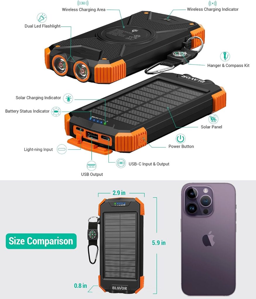BLAVOR Solar Power Bank Solar Charger 10000mAh,USB C Portable Power Bank With Solar Panel Qi Wireless Fast Charging Camping Battery Power Pack Mobile Phone Solar Chargers with Flashlight Compass