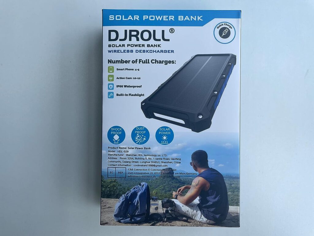 DJROLL 36000mAh Solar Power Bank, Qi Wireless Solar Portable Charger with LED Flashlights, Dual Outputs  Inputs Huge Capacity Battery Pack for Outdoor Activities Camera Cell Phones Consoles MP3 MP4