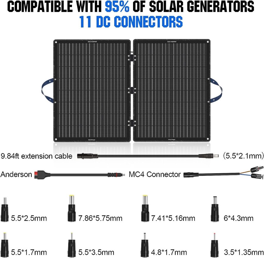 ECO-WORTHY 12V 100W Portable Solar Panel Foldable Mono Panel with 11-in-1 DC Connectors and Adjustable Brackets,Suitable for 95% Power Station,Emergency Power Backup,RV,Camping,Motorhome