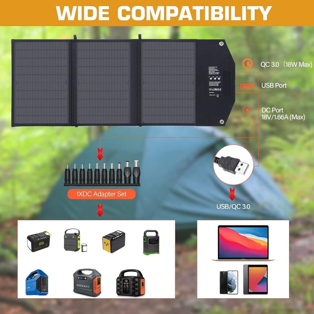 Ecosonique 30W Foldable Solar Charger, Portable Solar Panel with QC 3.0, USB Port  18V DC Output (10 Connector), IPX4 Waterproof Monocrystalline Solar Panel Charger for Phone Powerbank Camping Hiking: Amazon.co.uk: Electronics  Photo
