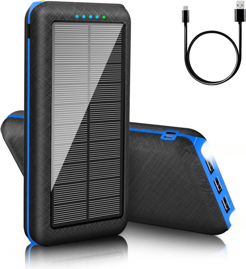 Protable Charger Solar Power Bank 30000mAh Battery Pack Charger Camping Waterproof External Backup Charge with 3 Outputs 2 Input LED Flashlight (Blue)