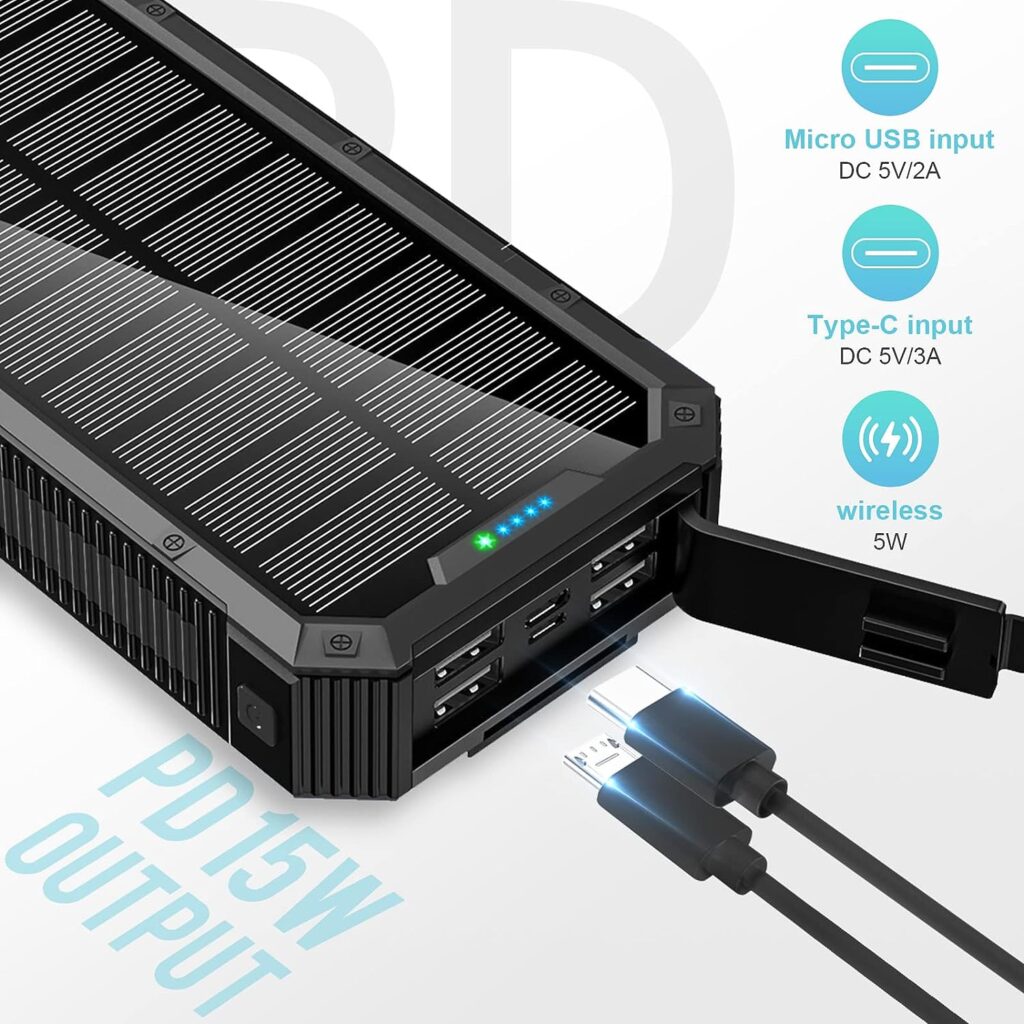 Solar Charger 36800mAh Power Bank with 4 Outputs  Dual Inputs 34 LEDs Flashlight,Qi Wireless Portable Charger 15W Fast Charging External Battery Pack for Cell Phone Tablets (Black)