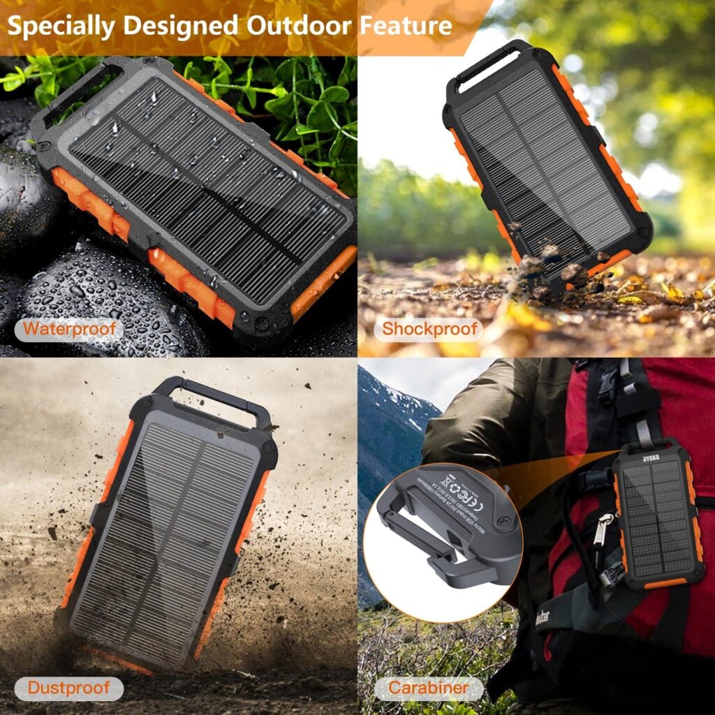 Solar Power bank 20000mAh Portable Solar Charger PD 15W USB C Fast Charging Outdoor Waterproof Power Bank Solar with LED Light and 3 Outputs Battery Charger for Smartphones Tablets and More Orange