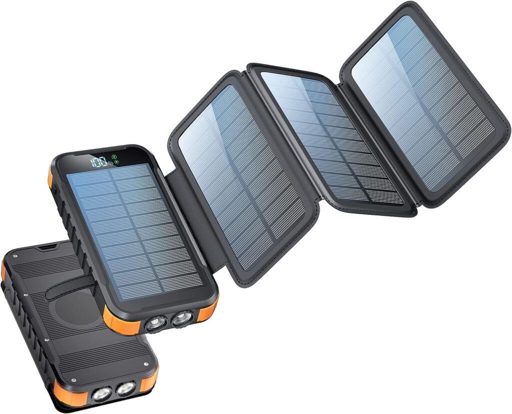 Solar Power Bank, 27000mAh Solar Charger with 4 Foldable Solar Panels LED Light, PD20W USB-C Fast Charge 3 Output 2 Input Waterproof Solar Portable Charger for Mobile Phones, Tablet, Outdoor Camping
