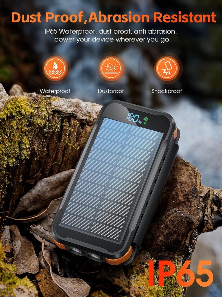 Solar Power Bank, 27000mAh Solar Charger with 4 Foldable Solar Panels LED Light, PD20W USB-C Fast Charge 3 Output 2 Input Waterproof Solar Portable Charger for Mobile Phones, Tablet, Outdoor Camping