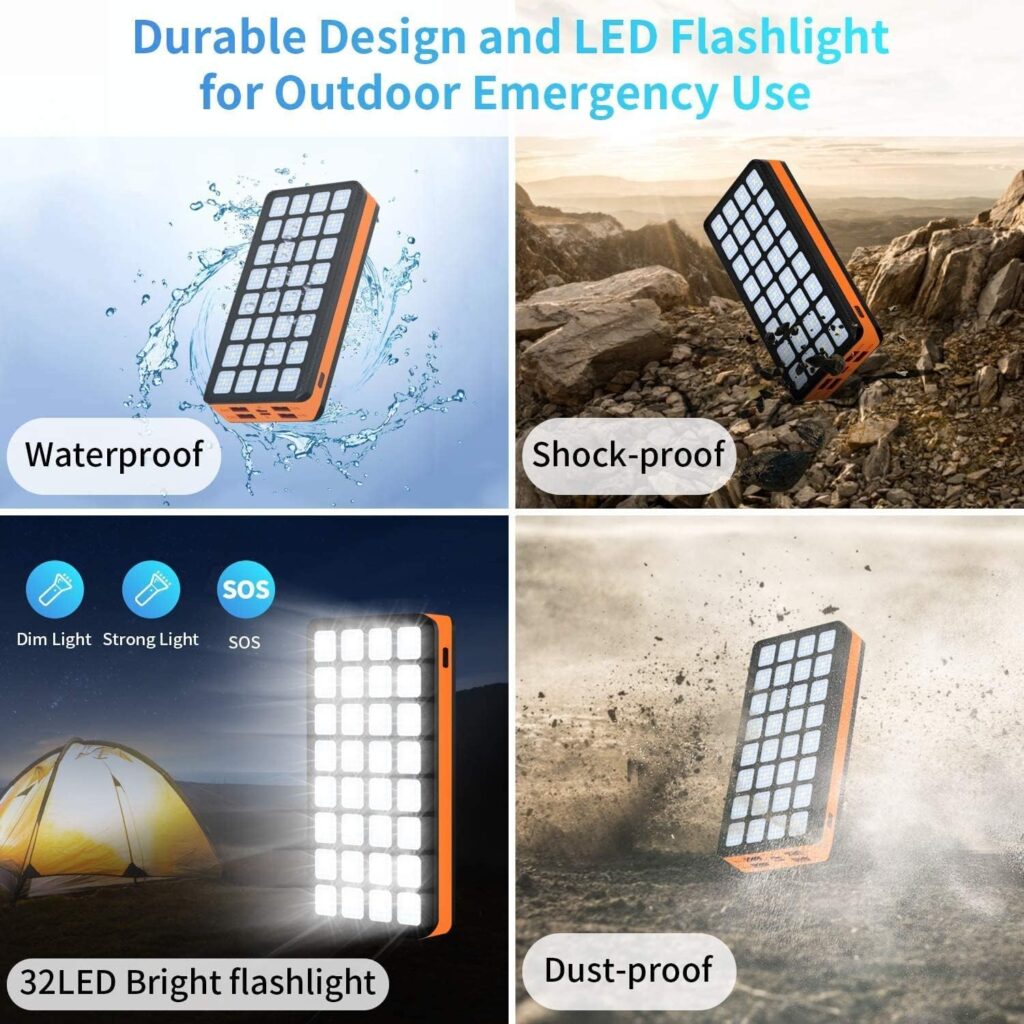 Solar Power Bank 30000mAh Portable Charger Battery Pack with 32 LEDs Flashlight 4 Output Ports  2 Input Ports Compatible with Smartphone Tablet Earphone for Camping Hiking Trip Home Emergencie