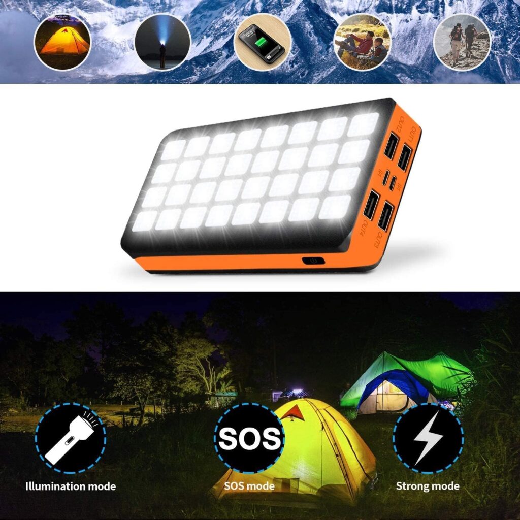 Solar Power Bank 30000mAh Portable Charger Battery Pack with 32 LEDs Flashlight 4 Output Ports  2 Input Ports Compatible with Smartphone Tablet Earphone for Camping Hiking Trip Home Emergencie