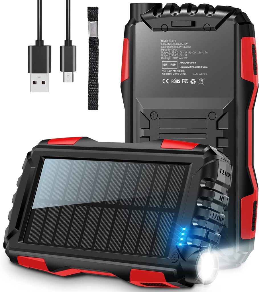 Solar Power Bank Portable Charger, 42800mAh Huge Capacity External Battery Pack, PD18W QC 3.0 Phone Charger, 3 Charging Port Battery Charger With Battery LED Display, Super Bright Flashlight