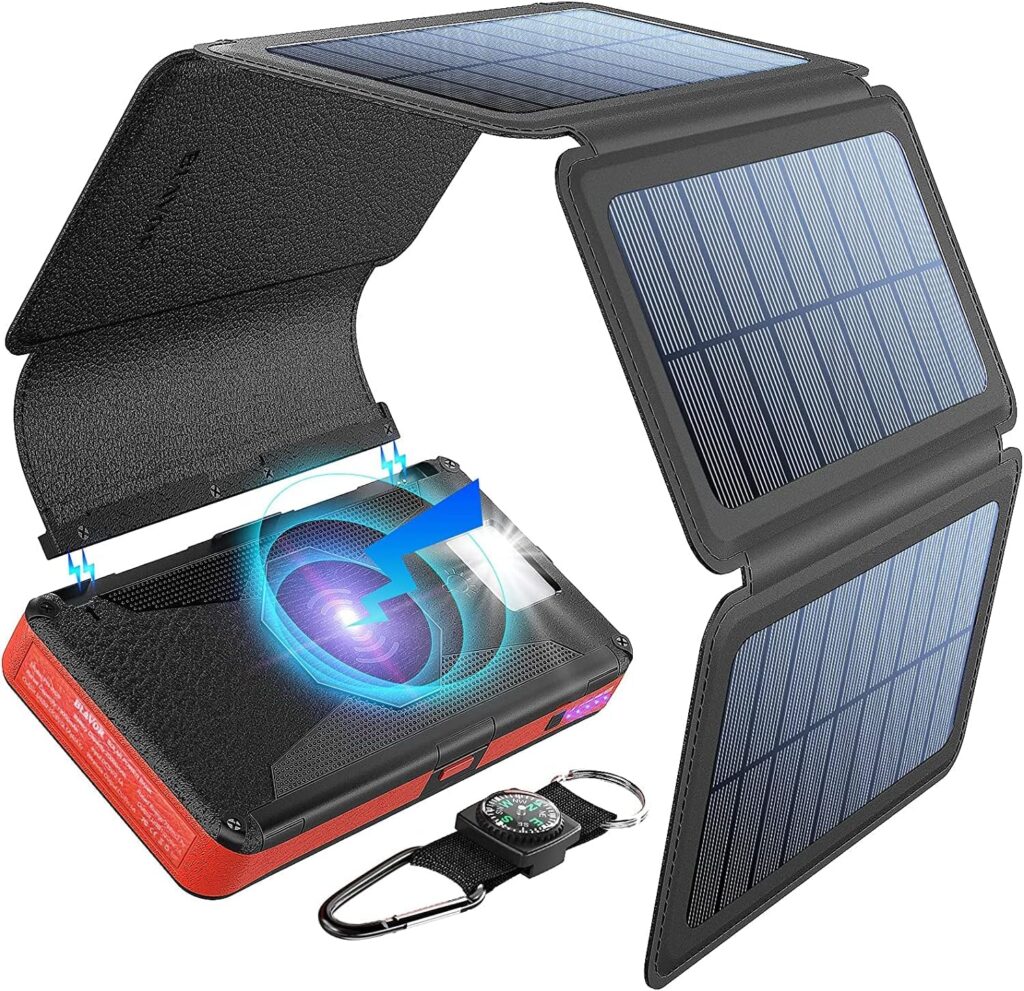 Solar Power Bank, Wireless External Battery, 20000mAh Solar Charger with 5 Removable Solar Panels Portable Charger SOS Flashlight Type C Connector and Dual Output