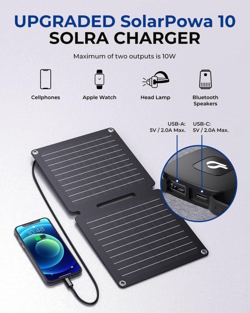 BigBlue 10W ETFE Solar Panel Charger with USB-A and USB-C, SolarPowa 10 Portable Solar Phone Charger with Kickstand for Camping, IP65 Waterproof, Compatible with iPhone, Tablet, Samsung, LG, etc