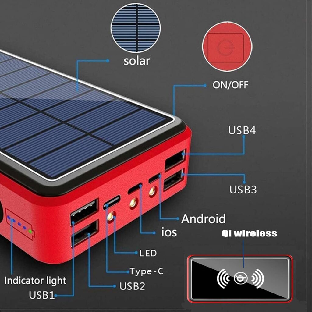 CDBK Solar Charger 100000mAh, Wireless Solar Power Bank with 4 USB Output 3 LED Flashlight and 10W Wireless charging, Waterproof External Battery Pack Solar Phone Charger for Camping Hiking Emergency