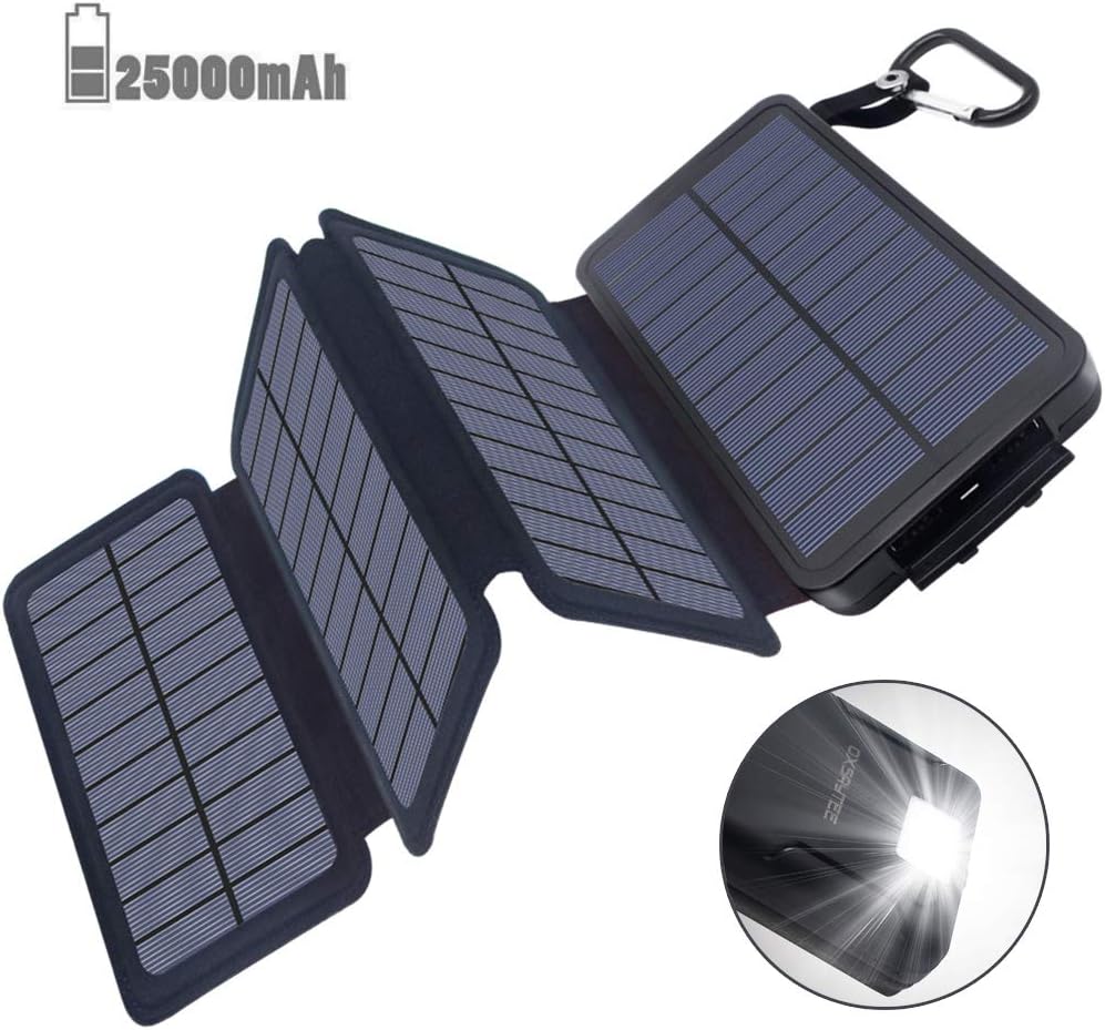 Portable Solar Charger, 25000mAh Solar Power Bank Waterproof Solar Battery Outdoor Phone Chargers with 3 Foldable Solar Panels External Backup for iPhone Samsung, Android Phones, Tables