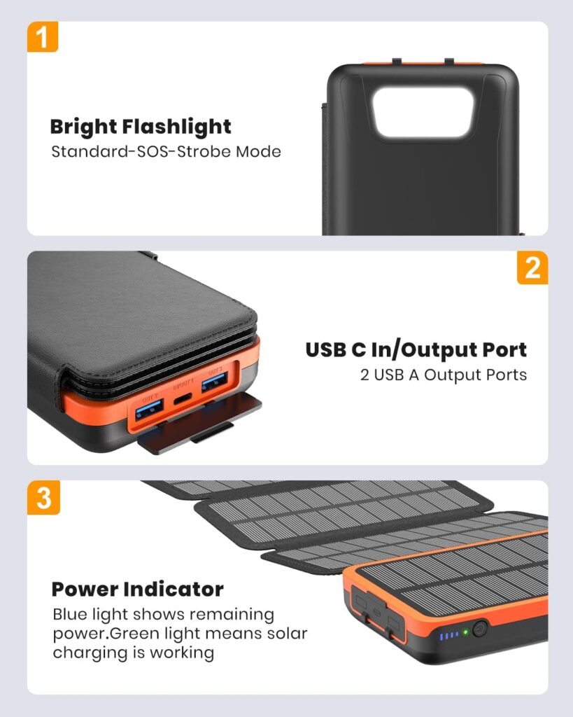 Solar Charger 27000mAh Power Bank – Hiluckey 22.5W Fast Charging Portable Phone Charger with 4 Solar Panels USB C PD External Battery Pack with 3 USB Outputs for Smartphone Tablet