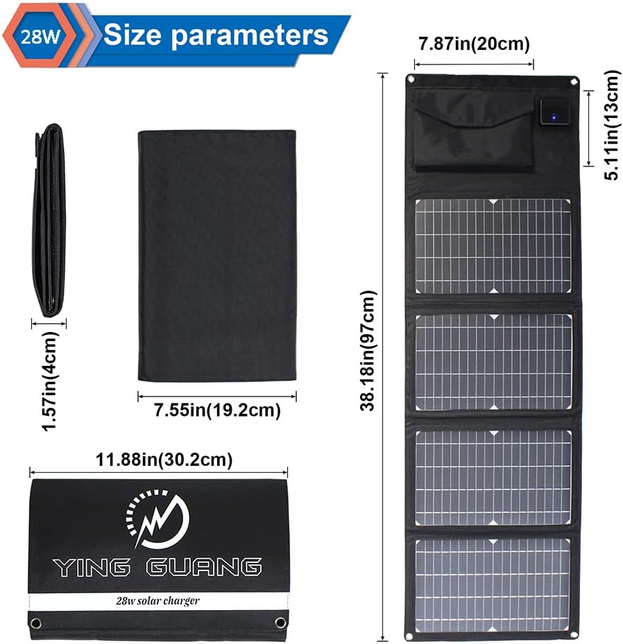Solar Charger 28W Foldable Solar Panel 2 USB ports 1 DC port Portable Waterproof QC3.0 Fast Charging Solar Charger for Camping, Mobile phones, Power bank