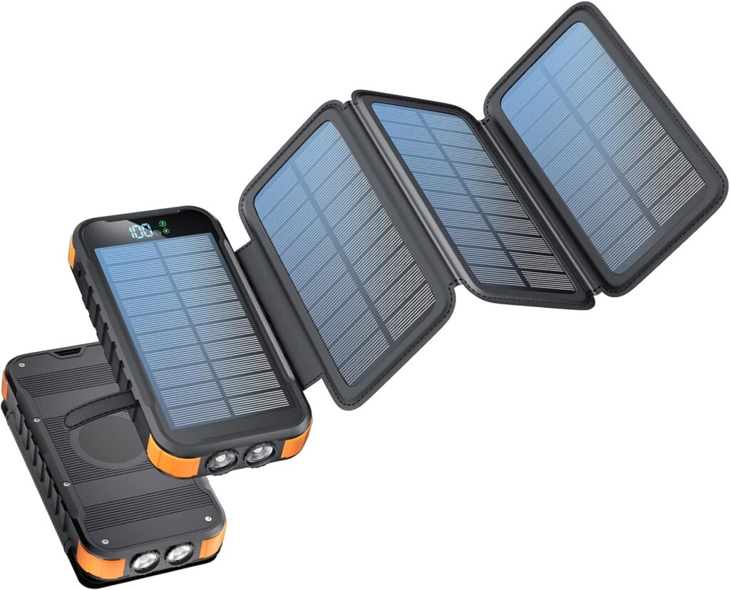 Rsesun Solar Charger 27000mAh, Solar Powerbank with 4 solarpanels and Power Bank USB C Outputs Inputs, Waterproof External Cell Phone Battery and Flashlight for Smartphones Outdoor Camping