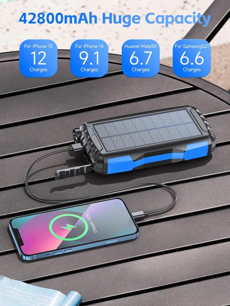 Solar Power Bank 42800mAh, Portable Solar Charger PD18W QC3.0, 3A USB C Phone Solar Battery Pack Fast Charging for Camping, Battery Charger Bank Compatible for Qi Device iPhone Samsung Huawei