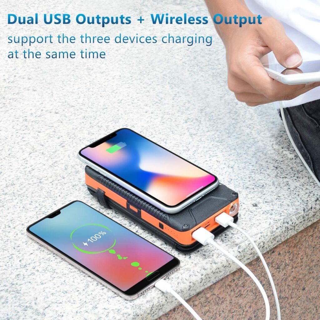 Wireless Solar Charger 25000mAh, Hiluckey Waterproof Power Bank With 2 USB Output  Type C Input Port for iPhone, Samsung, ipad and Laptop, Outdoor Camping