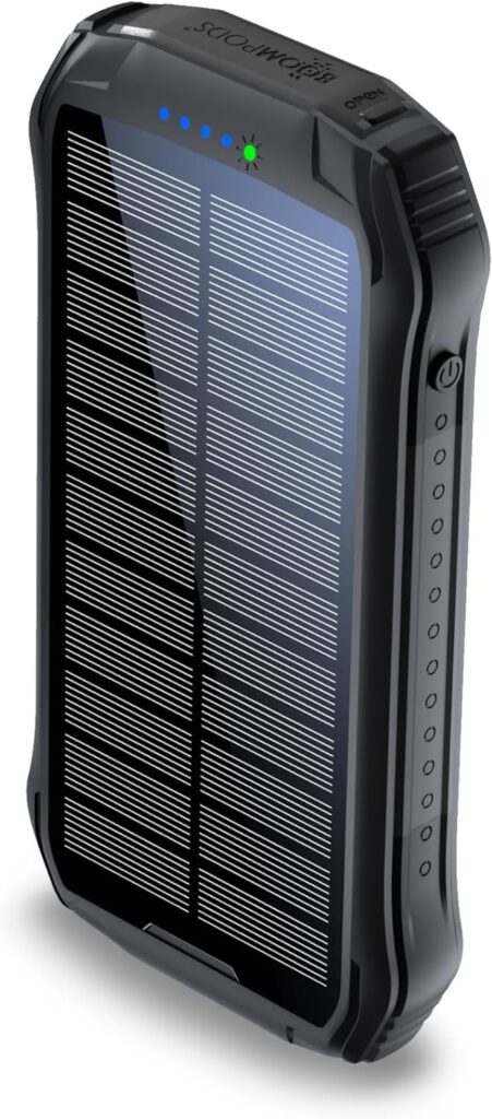 Boompods Neutron 10000mAh Solar Power Bank, Portable Charger, Solar Powered High Capacity Battery Pack with 2x USB Chargers for Mobile Phone, Tablets, IPX 4 Waterproof, Rugged, Camping Torch, Black