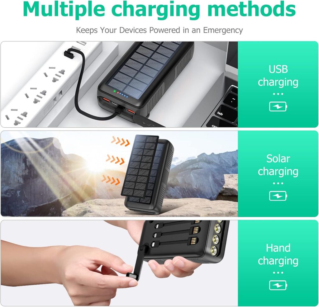 Solar Charger Hand Crank Battery Power Bank 30000 mAh with Built in USB Microand iPhone Cables and Dual Outputs 4 LEDs Flashlight for Camping Outdoor (black)