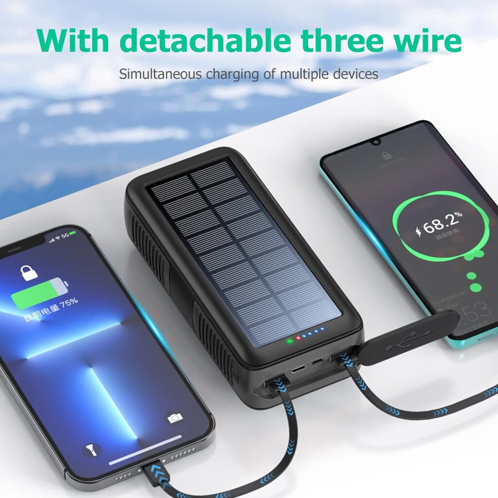 Solar Charger Hand Crank Battery Power Bank 30000 mAh with Built in USB Microand iPhone Cables and Dual Outputs 4 LEDs Flashlight for Camping Outdoor (black)